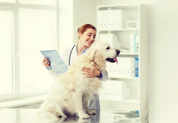 Médico feliz com cão retriever na clínica veterinária — Fotografia de Stock