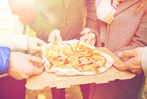 Arkadaşlar elinde pizza açık havada yemek yakın çekim — Stok fotoğraf