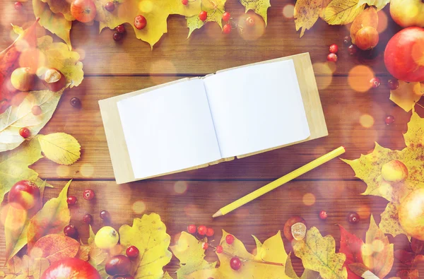 Пустая записная книжка с карандашом и осенними листьями — стоковое фото