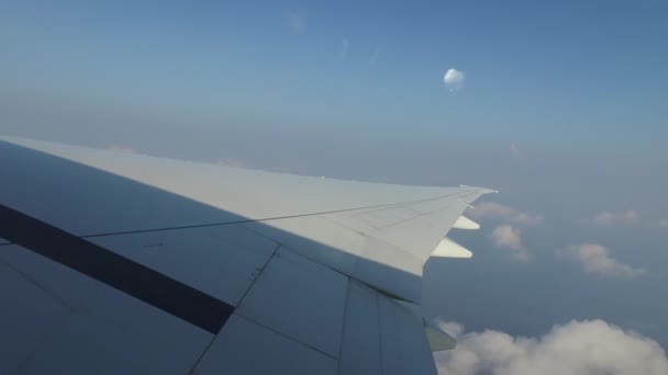 Ala del avión volando en el cielo azul — Vídeos de Stock