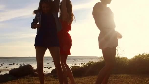 Group of happy women or girls dancing on beach 51 — Stock Video