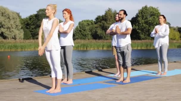 Groep mensen die buiten yoga oefeningen doen — Stockvideo