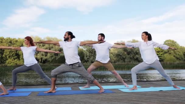 Gruppe von Menschen, die Yoga-Übungen im Freien machen — Stockvideo