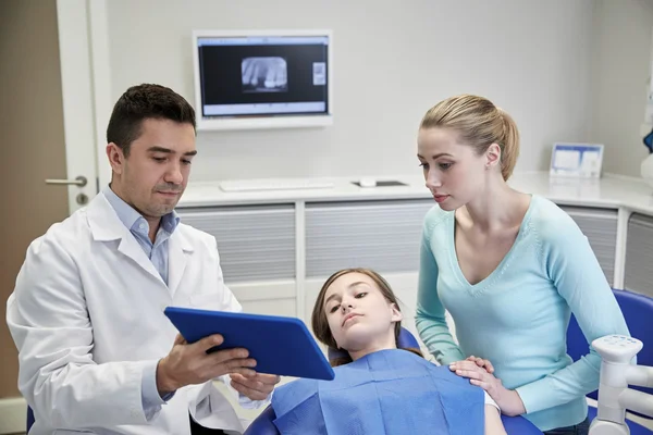 Dentista mostrando tableta PC a niña y su madre — Foto de Stock