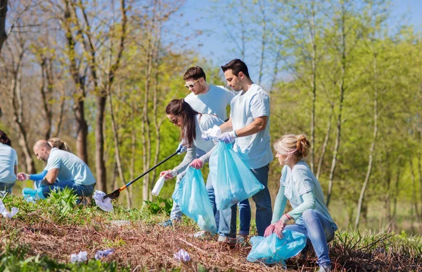 Relawan dengan kantong sampah membersihkan area taman — Stok Foto