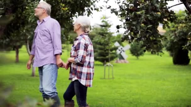 Couple âgé marchant le long du jardin d'été — Video