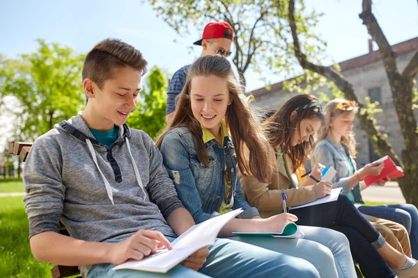 Grupa studentów z notebookami na dziedzińcu szkolnym — Zdjęcie stockowe