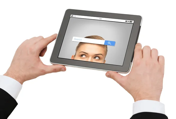 Close up van handen met tablet pc met — Stockfoto