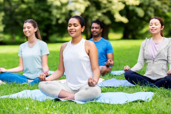 Gruppo di persone felici che fanno yoga al parco estivo — Foto Stock