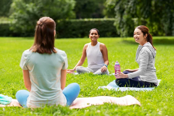 Grupp människor som sitter på yogamattor i parken — Stockfoto