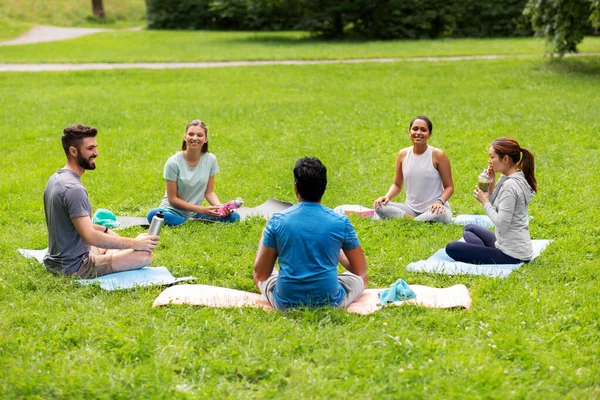 Grupp människor som sitter på yogamattor i parken — Stockfoto