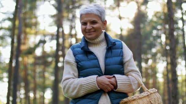 Mujer mayor recogiendo setas en el bosque de otoño — Vídeos de Stock