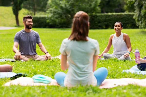 Grupo de pessoas sentadas em tapetes de ioga no parque — Fotografia de Stock