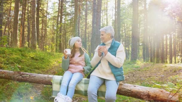 Abuela con nieta bebiendo té en el bosque — Vídeos de Stock