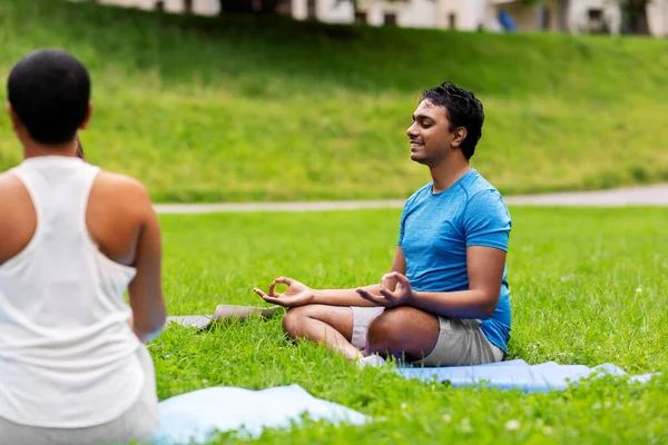 Group of people doing yoga at summer park — Stock Photo, Image