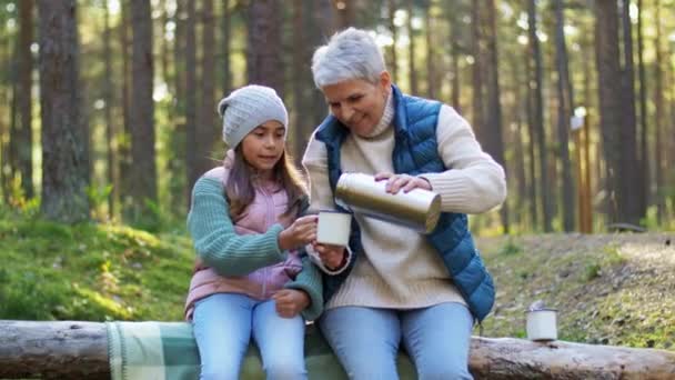 Babcia z wnuczką pije herbatę w lesie — Wideo stockowe