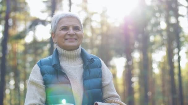 Mujer mayor recogiendo setas en el bosque de otoño — Vídeo de stock