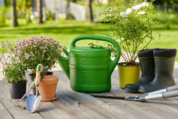 Garden tools, flower seedlings and rubber boots — Stock Photo, Image