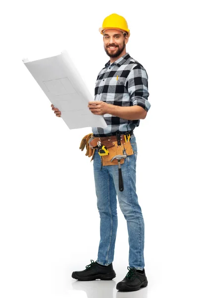 Trabajador masculino o constructor en casco con plano — Foto de Stock