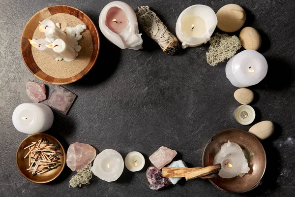 Frame of candles and staff for magic ritual — Stock Photo, Image