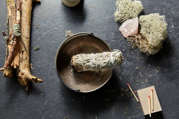 White sage in cup and staff for magic ritual — Stock Photo, Image