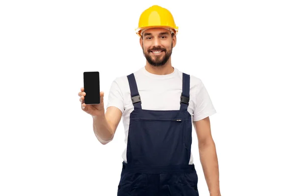 Trabajador masculino feliz o constructor mostrando teléfono inteligente —  Fotos de Stock