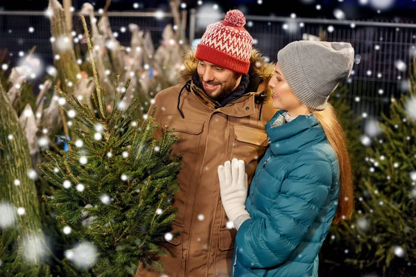 Ευτυχισμένο ζευγάρι που αγοράζει χριστουγεννιάτικο δέντρο στην αγορά — Φωτογραφία Αρχείου