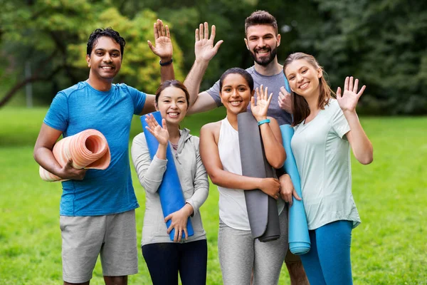 Gruppo di persone felici con tappetini da yoga al parco — Foto Stock