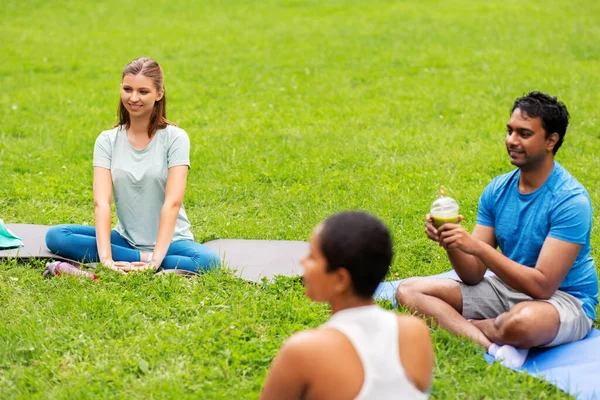 Skupina lidí sedících na rohožích jógy v parku — Stock fotografie