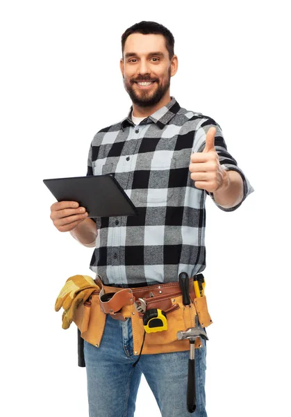 Happy builder with tablet computer and tools — Stock Photo, Image