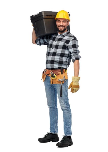 Trabajador feliz o constructor en casco con caja de herramientas —  Fotos de Stock