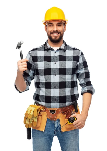 Happy male builder in helmet with hammer — Stock Photo, Image