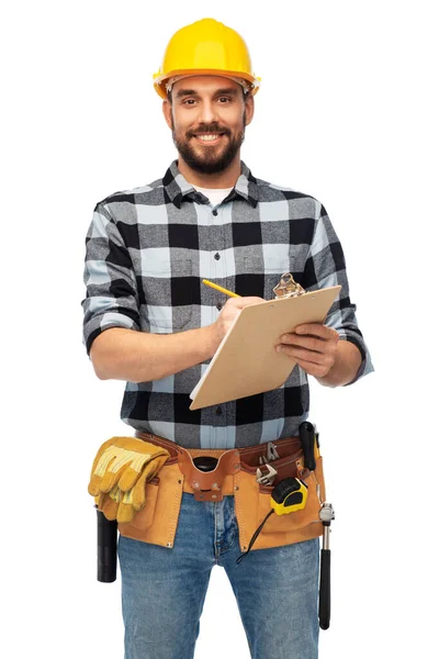 Trabajador masculino o constructor en casco con portapapeles —  Fotos de Stock