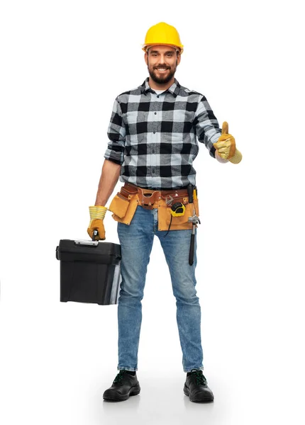 Feliz trabajador masculino o constructor mostrando pulgares hacia arriba — Foto de Stock