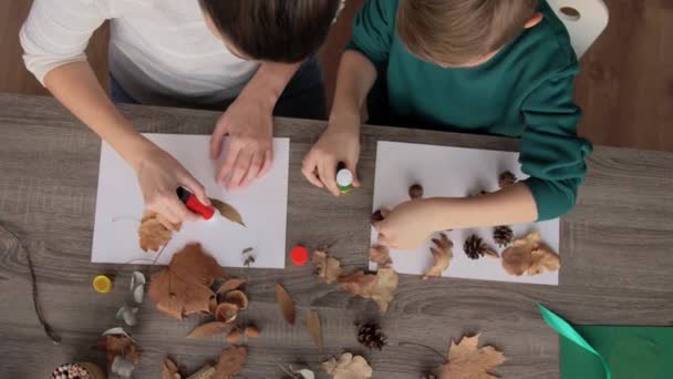 Madre e hijo haciendo fotos de hojas de otoño — Vídeos de Stock