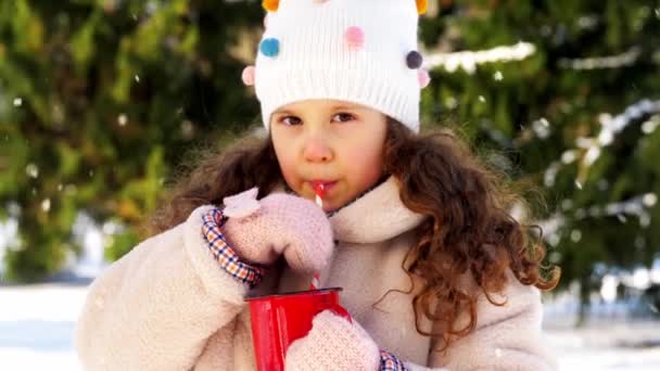 Niña bebiendo té caliente en el parque de invierno — Vídeos de Stock