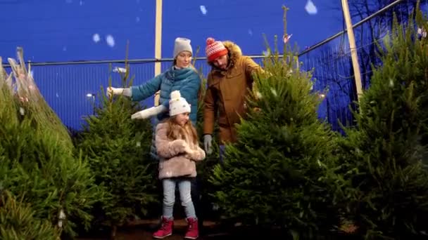 Happy family choosing christmas tree at market — Stock Video