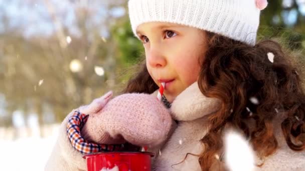 Niña bebiendo té caliente en el parque de invierno — Vídeo de stock