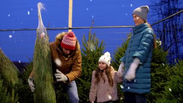 Happy family buying christmas tree at market — Stock Video