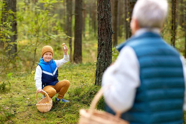 Nonna e nipote con funghi nella foresta — Foto Stock