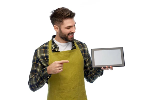 Happy male gardener or farmer with tablet pc — Stock Photo, Image