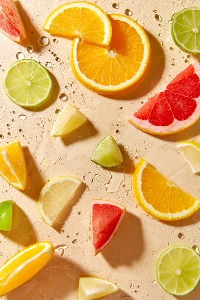 Slices of different citrus fruits on wet surface — Stock Fotó