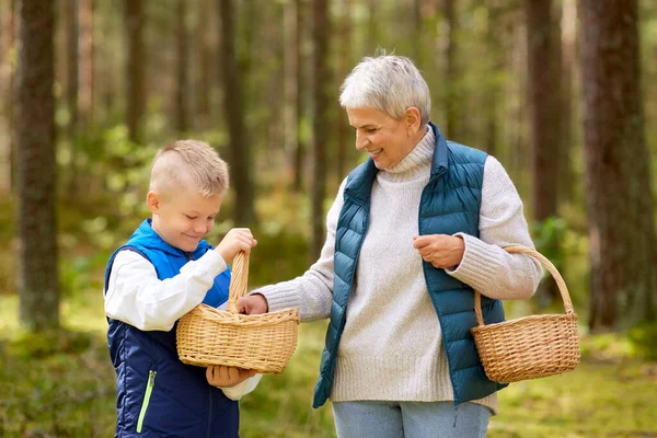 Babcia i wnuk z grzybami w lesie — Zdjęcie stockowe