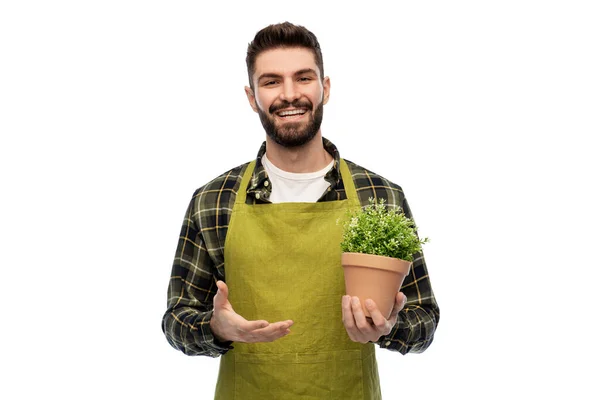 Feliz sorrindo jardineiro masculino com flor em vaso — Fotografia de Stock