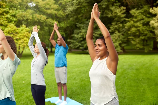 Groep mensen die yoga doen in het zomerpark — Stockfoto