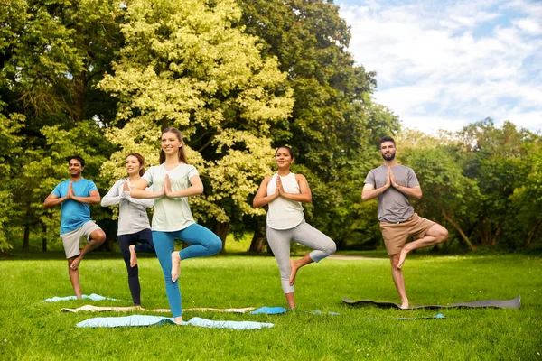 Groep mensen die yoga doen in het zomerpark — Stockfoto