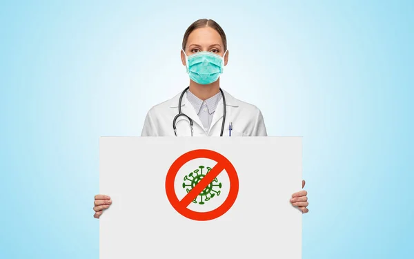 Médico de máscara con coronavirus que prohíbe el signo —  Fotos de Stock