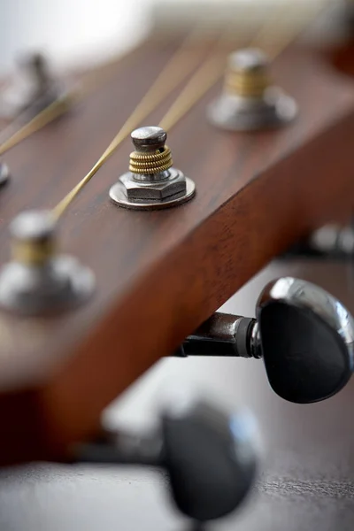 Close up de cabeça de guitarra acústica com pinos — Fotografia de Stock