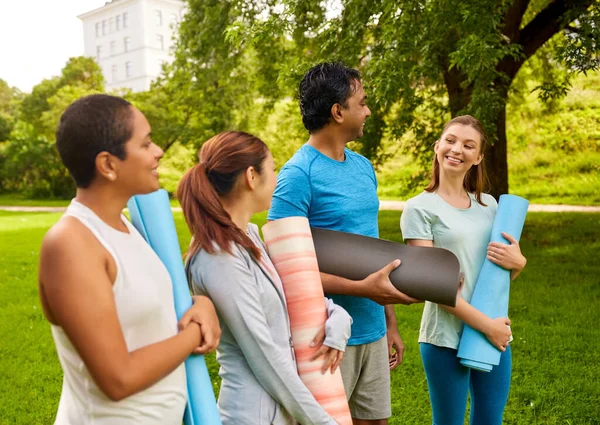 Gruppo di persone felici con tappetini da yoga al parco — Foto Stock