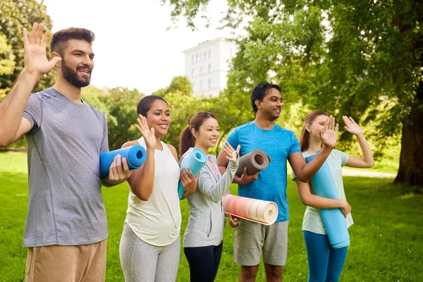 Gruppe glücklicher Menschen mit Yogamatten im Park — Stockfoto